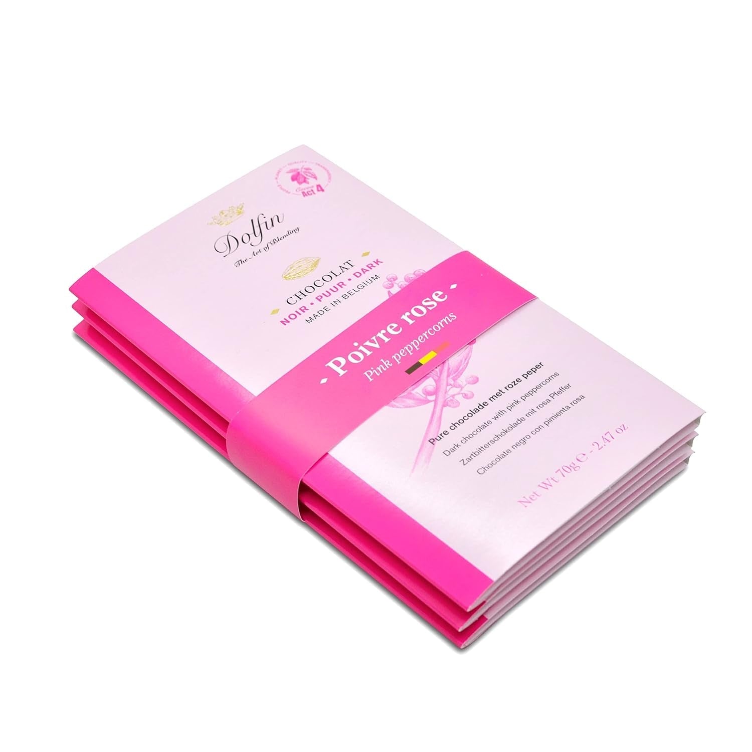 Dolfin Pachet de 3 ciocolată cu diverse arome - ciocolată artizanală belgiană, 210 g Bomboane de Ciocolata Naty Shop 210 G Piper roz