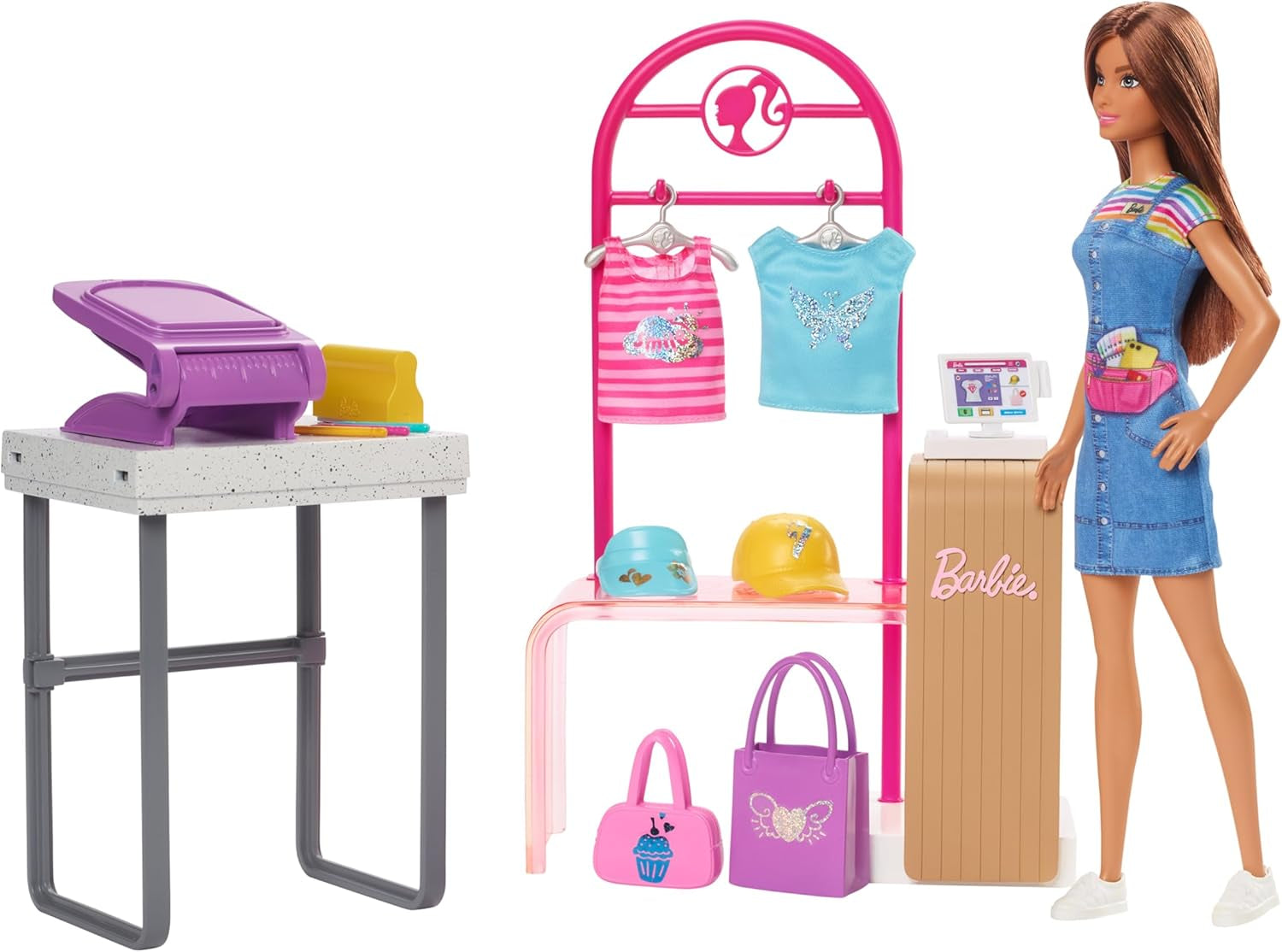 Set de joacă Barbie Fashion Boutique - Păpușă cu modele din folie, peste 150 de look-uri originale, include 2 bluze și 5 foi din folie, suport pentru haine și cititor de carduri de credit, vârste 3+, HKT78