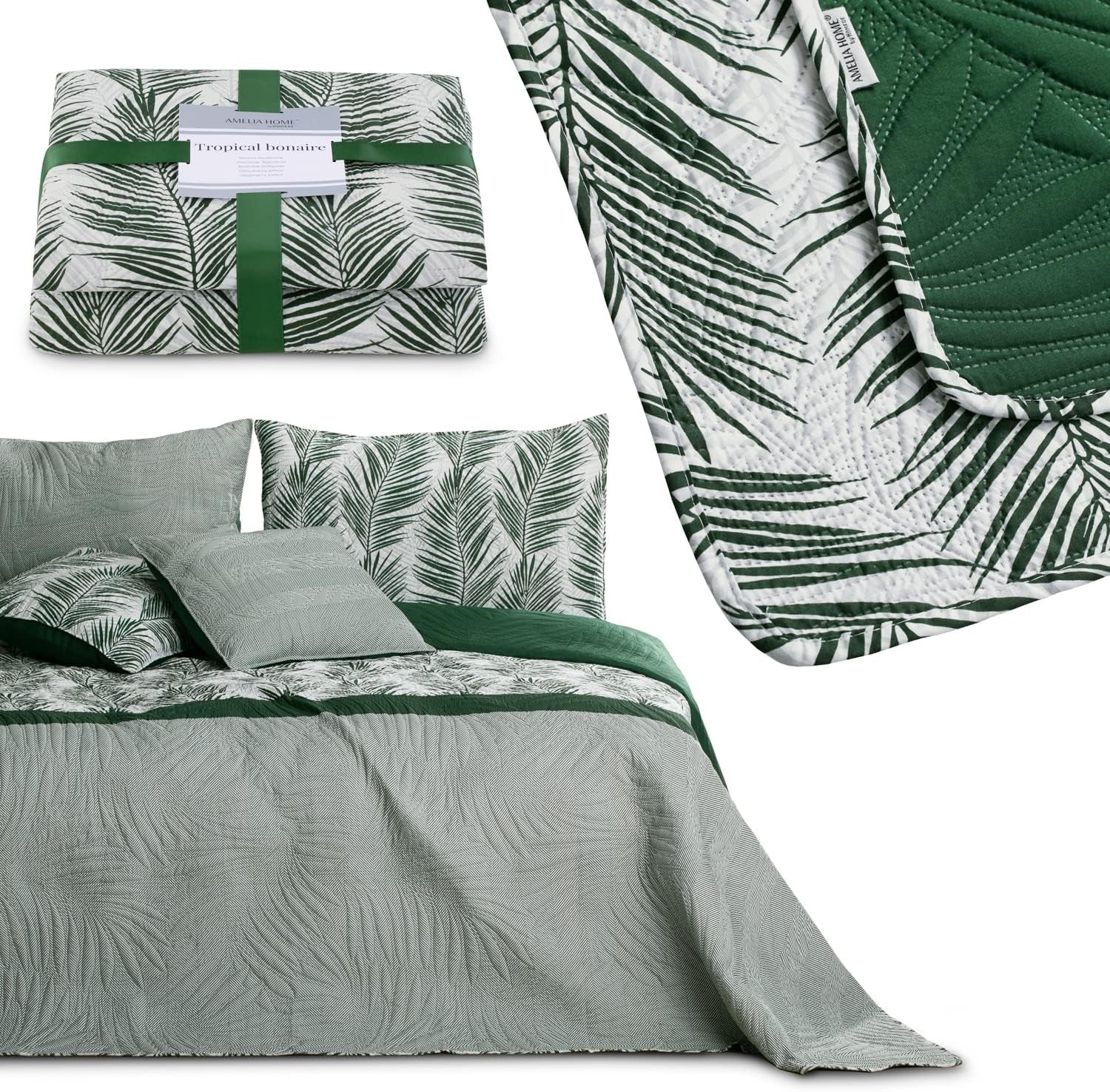Ameliahome Bedspread Bedspread 170X210 Cm Double Sided Easy Care Bedspread Plant Pattern Green White Tropical Bonaire Beds and Blankets Besuche den AmeliaHome-Store