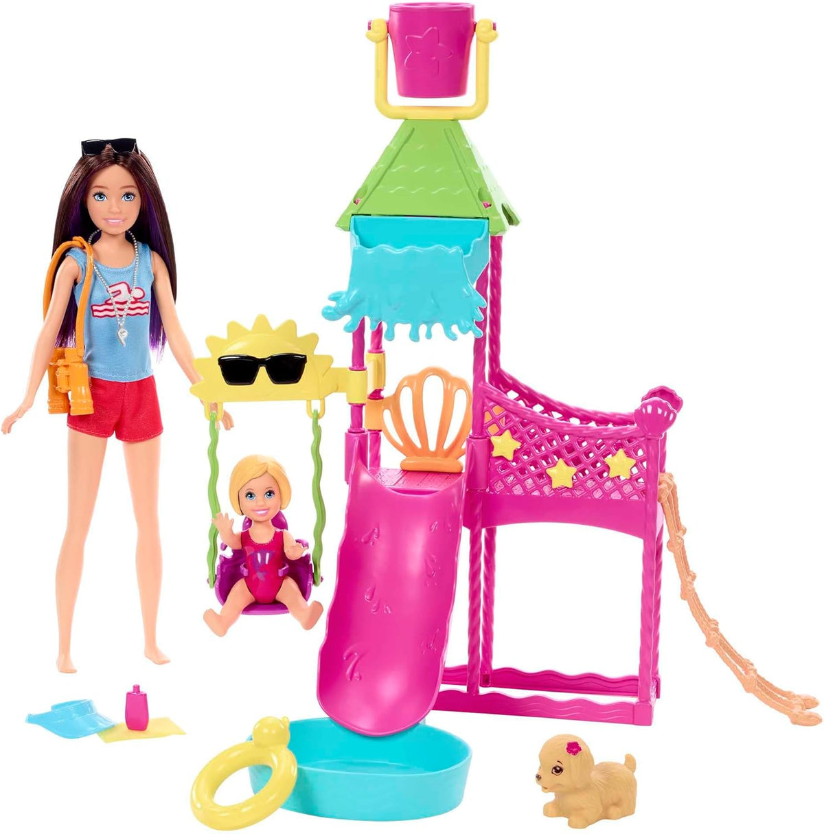 Barbie Skipper Erste Jobs Puppe und Accessoires - Erste Arbeitswelterfahrung im Wasserpark mit echter Wasserrutsche, Zubehörteile, für Kinder ab 3 Jahren, HKD80