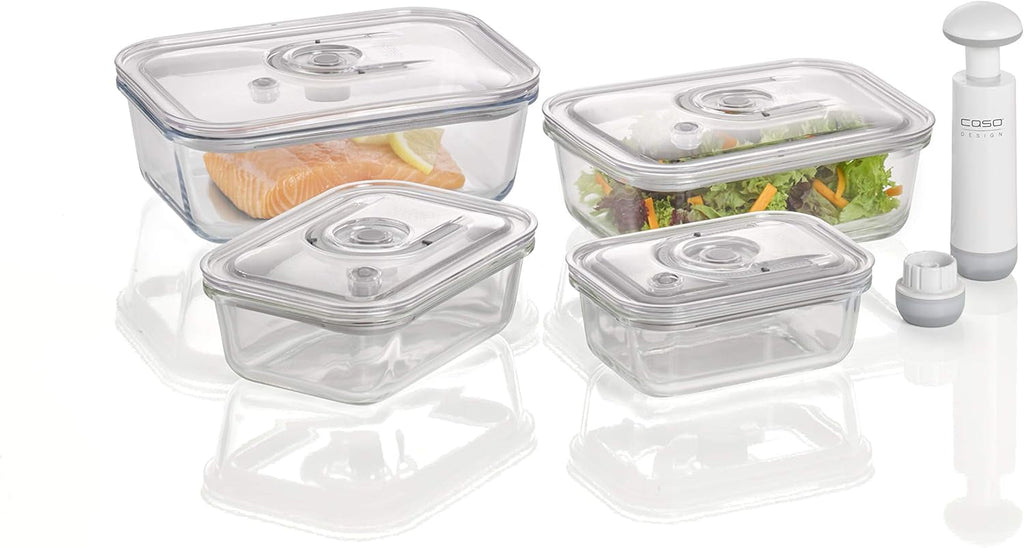 Caso VacuBoxx E-Set - 4 recipiente pătrate de vid extrem de stabile și set de recipiente de vid, recipiente rezistente la rupere și la spălarea vaselor, 3 recipiente de vid pentru alimente sensibile la presiune și lichide Cutii depozitare alimente Naty Shop