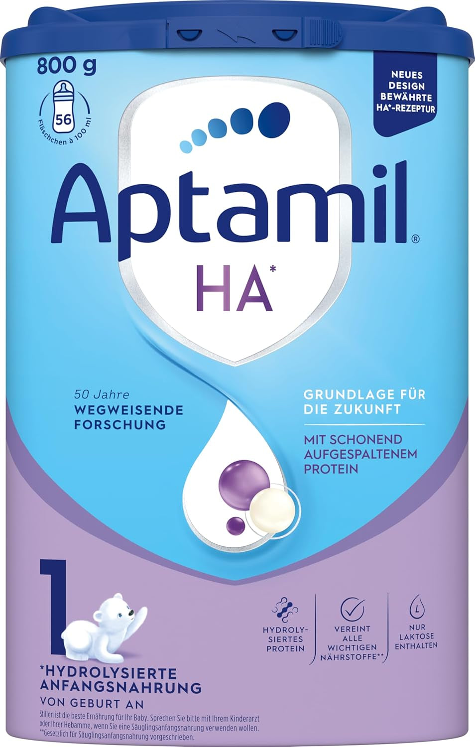 Aptamil HA 1 - Infant formula from birth, with DHA, lactose free, palm oil free, baby food, milk powder, 1 x 800 g