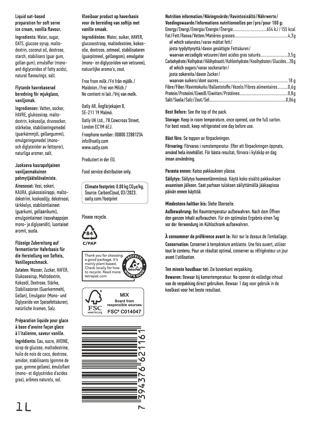 Oatly Soft Serve Mix for the production of soft ice cream on a plant-based basis in the ice machine 1L, (6er-Pack)