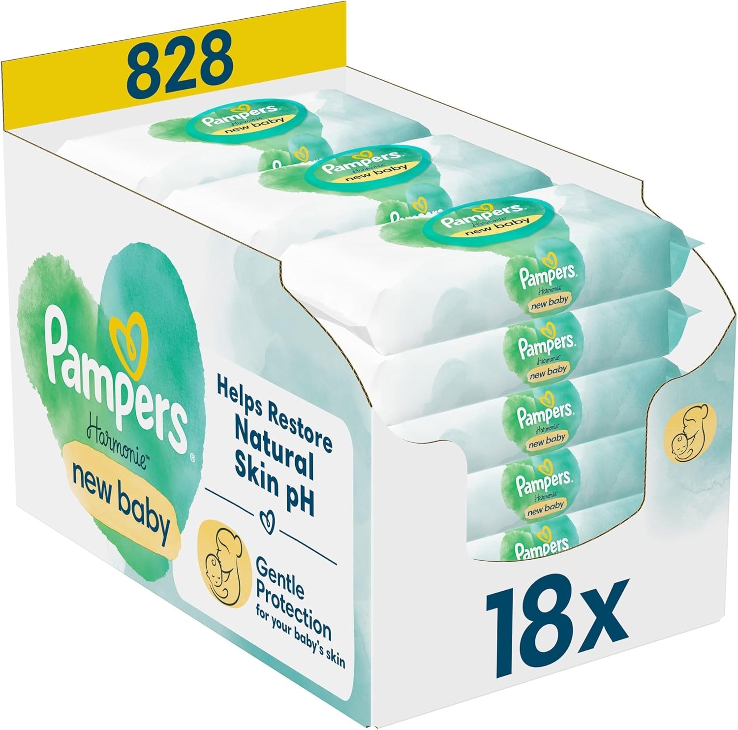 Pampers Harmonie Protect & Care wet wipes, 18 packs of 44 wipes each = 792 wipes that help restore the skin's natural pH balance