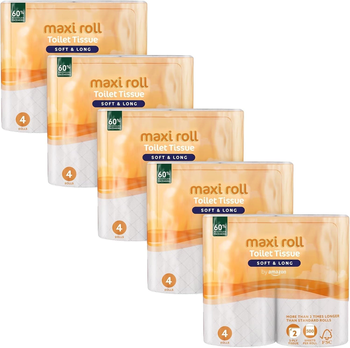 By Amazon Hârtie igienică (Maxi Roll), 2 straturi, matlasată, moale și delicată, 20 de role (5 pachete de 4), 500 de lacrimi pe rolă, certificată Fsc