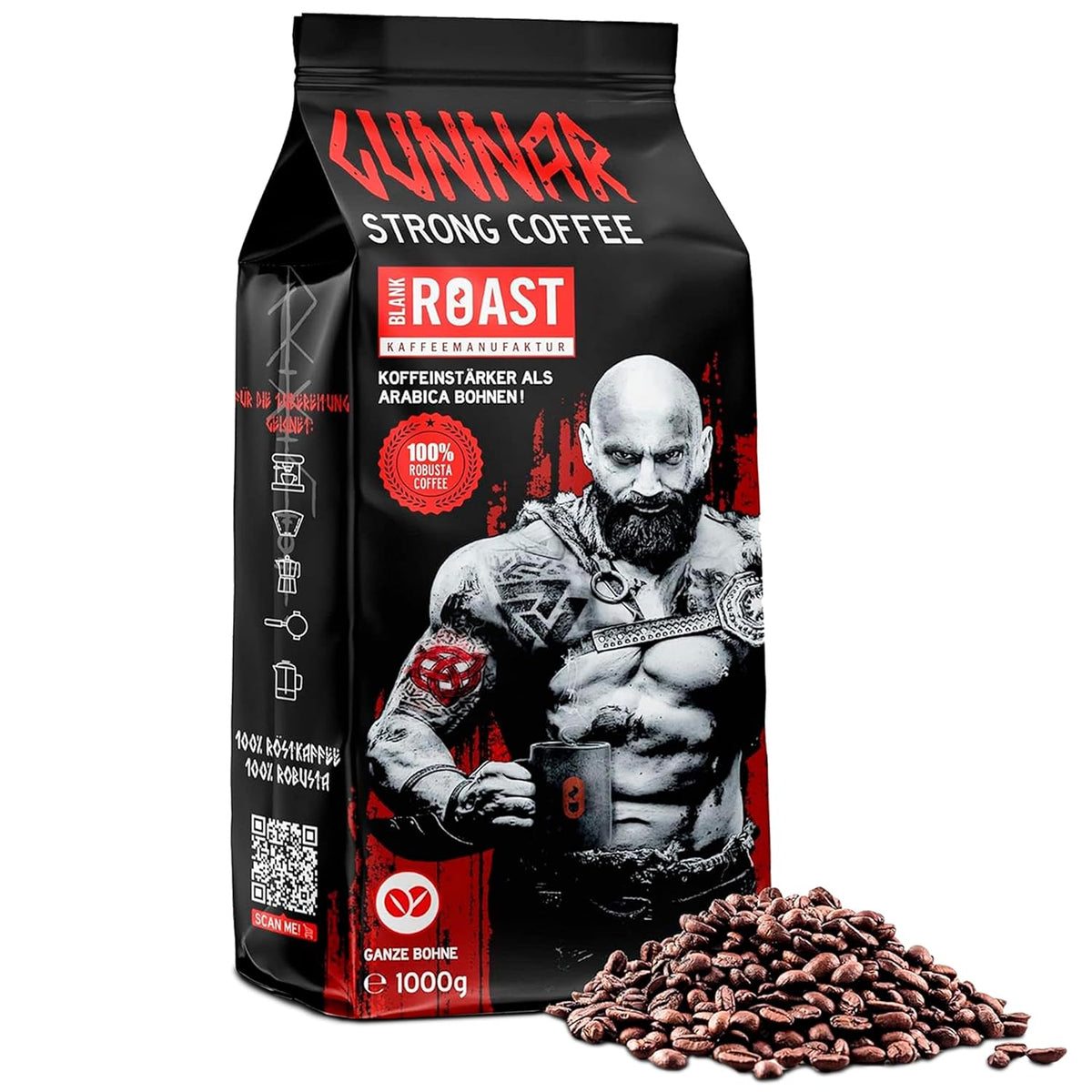 Blank Roast - GUNNAR - 1kg - Ganze Kaffee-Bohnen Extra Stark - Kräftige Robusta-Röstung - 494mg Koffein je Tasse - Würzig & Kraftvoll mit Noten von dunkler Schokolade - Säurearm