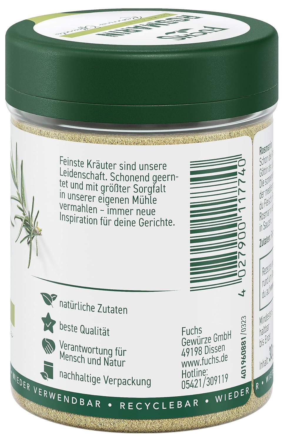 Fuchs Gewürze - Rosmarin gemahlen - zum Würzen von Fisch, Fleisch und Gemüse - natural ingredients - 30 g in wiederverwendbarer, recyclebarer Dose