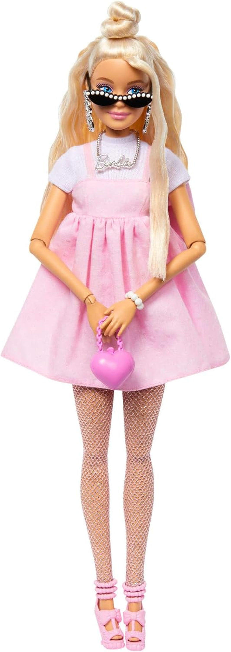 Barbie Doll Deluxe Style no. 3 with Barbiecore outfit, blonde hair in high bun, pastel pink dress with oversized bow and accessories like fishnet tights, HYV27 Naty Shop Dolls Blonde