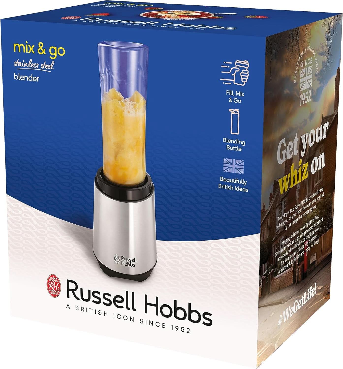 Russell Hobbs Mixer - Standmixer & Smoothie Maker to Go [23,500 U/Min Power-Motor] Inkl. 1X Mixbehälter 600Ml (Bpa-Frei, Spülmaschinen- & Bruchfest Inkl. Deckel) Zerkleinerer, Edelstahl, 23472-56 Kitchen Naty Shop