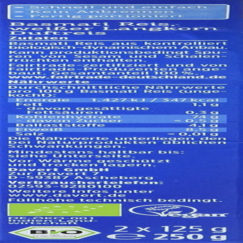 Davert organic Basmati rice in cooking bags, 2 bags, 250g