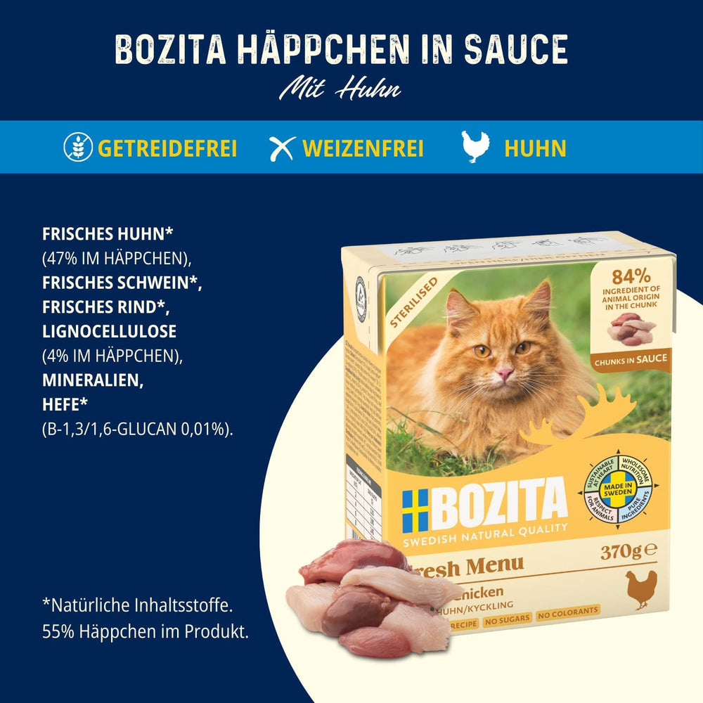 Bozita Tetra Bucăți Sterilizate în Sos cu Mult Pui – 6 x 370g Hrană Umedă Fără Cereale și Zahăr pentru Pisici – Non-OMG, cu 8,5% Proteine și 4,5% Grăsimi – De Înaltă Calitate și Deosebit de Gustos