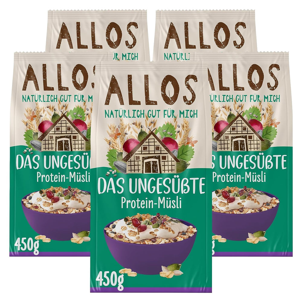Allos unsweetened protein muesli | Organic Muesli | Oatmeal | Cereals for breakfast | Vegan (5 x 450g), 1 piece (pack of 5)