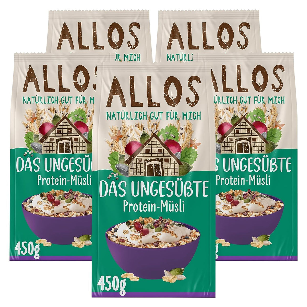 Allos unsweetened protein muesli | Organic Muesli | Oatmeal | Cereals for breakfast | Vegan (5 x 450g), 1 piece (pack of 5)