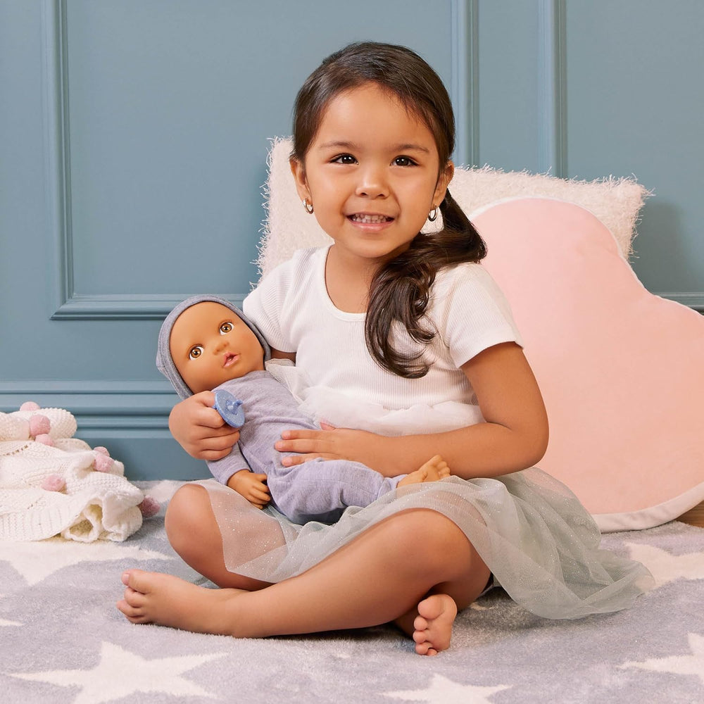 LullaBaby - Baby Puppe - Einteiler & Mütze - 36 cm Realistic Baby-Puppe - Hazelnut Brown Eyes & Soft Body - Romper & Schnuller-Zubehör - Pretend Play Spielzeug - Kinder 2 Jahre +