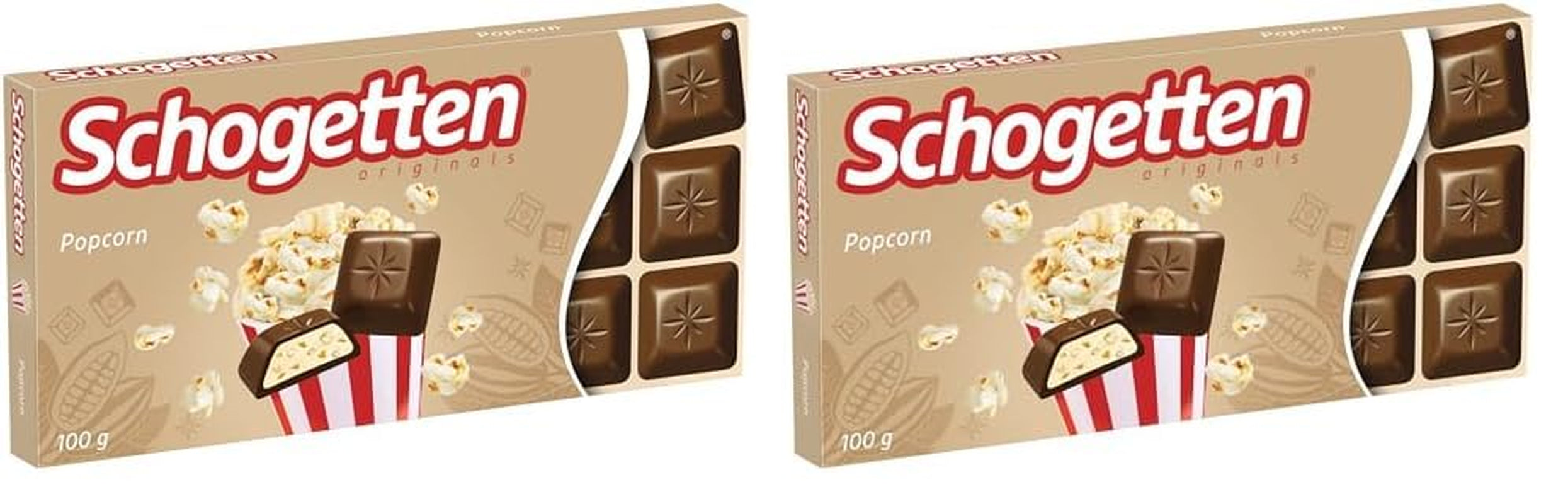 Schogetten popcorn 1 chocolate bar x 100g, milk chocolate with popcorn and pieces of corn, practical individual pieces. A delicacy. Piece by piece.