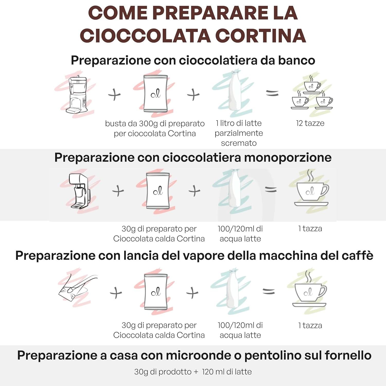 Italian hot chocolate Cortina CLASSIC flavor - (15 X 30 g) Single portion, envelope, 450 g Cacao and Hot Chocolate Naty Shop