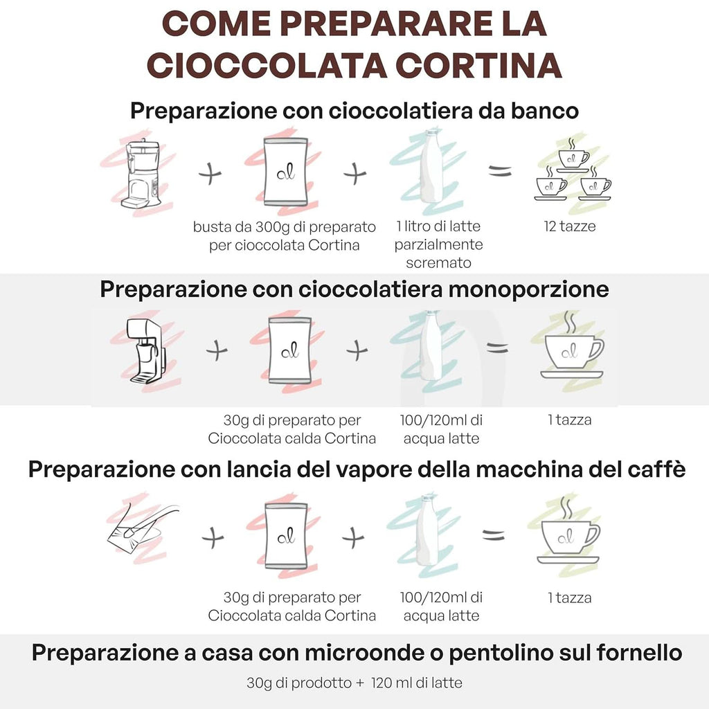Ciocolată caldă italiană aromă Cortina CLASSIC - (15 X 30 g) Porție unică plic, 450 g Cacao si Ciocolata Calda Naty Shop