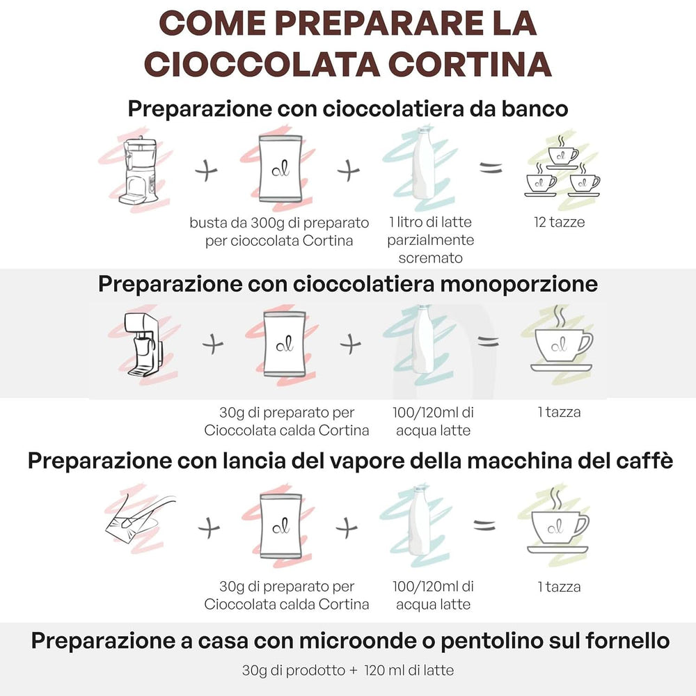 Italian hot chocolate Cortina CLASSIC flavor - (15 X 30 g) Single portion, envelope, 450 g Cacao and Hot Chocolate Naty Shop