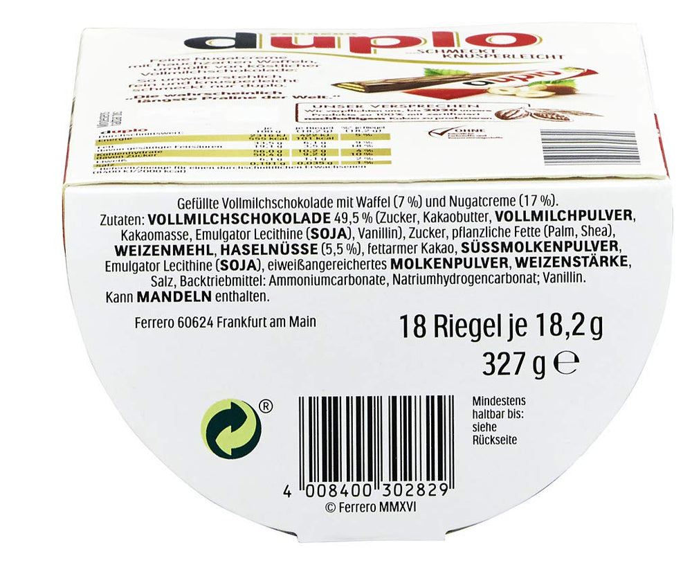 Ferrero duplo Large Pack - Chocolate Bars with Fine Nougat Creme, Crunchy Wafer and Fine Milk Chocolate - Carnival and Mardi Gras Sweets - 15 Packs of 18 Individually Wrapped Bars