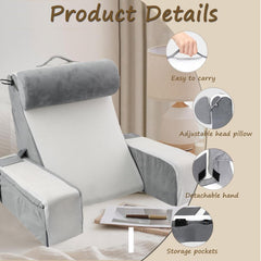 Pernă mare de citit pentru pat și canapea, pernă pentru spate pentru adulți cu suport pentru gât și cotiere, pernă ergonomică pentru spătar cu buzunar și husă lavabilă pentru odihnă, citit, vizionat la televizor (WH)