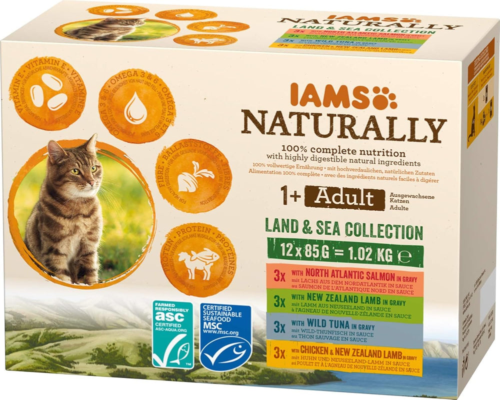 IAMS Hrană umedă naturală pentru pisici în sos - Hrană umedă de înaltă calitate cu carne și pește pentru pisici adulte, Colecția Land & Sea, 12 x 85 g
