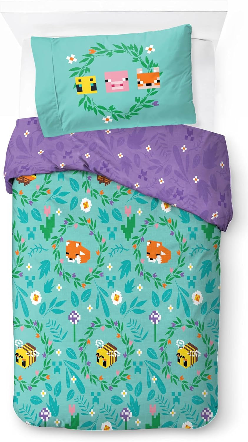 Set de lenjerie de pat pentru copii, desene animate si super eroi, bumbac Lenjerie de pat - copii Naty Shop Turcoaz - Minecraft 135X200/50X70 (2 Piece)