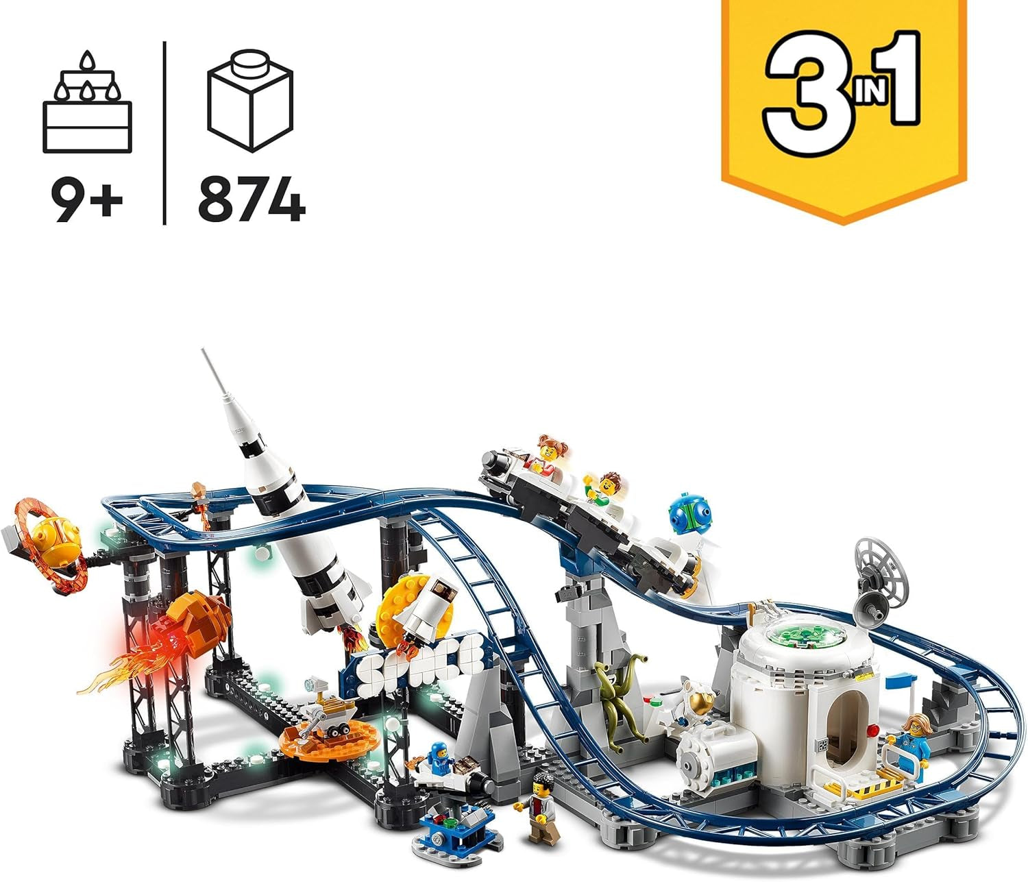 LEGO 31142 Creator 3-In-1 Space Rollercoaster Toy Kit for Kids with Working Carts, Converts to a Freefall Tower or Carousel with Rockets and Glowing Bricks Building Sets Besuche den LEGO-Store