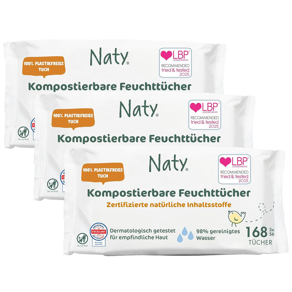 Naty Baby Wipes | 100% herbal and fragrance free for sensitive skin | Plastic-free and certified compostable wipes with 98% purified water | 672 wipes (12 packs)