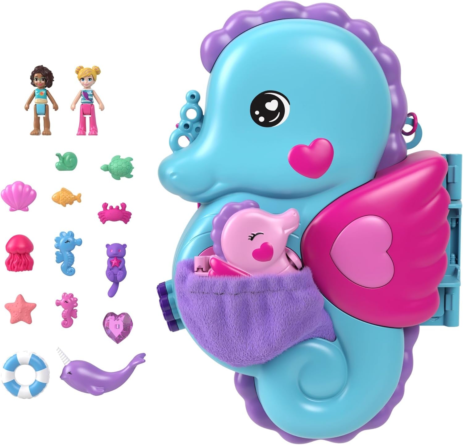 Sicriu Polly Pocket, sac de cochilie pentru înfășurat în jurul temei subacvatice, cu 2 păpuși și 1 submarin, jucărie sirenă Polly Pocket, jucărie de la 4 ani, GNH11 Papusi Naty Shop Geanta Seahorse