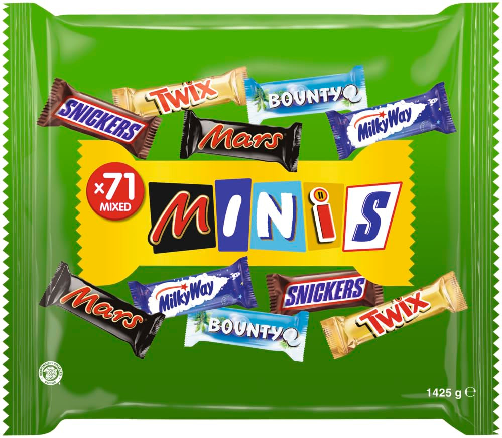 Mini chocolate mixed pack, 71 mini chocolate snacks (Mars, Snickers, Bounty, Twix, Milky Way) in the form of sweets, ideal for an American football night (1400g)