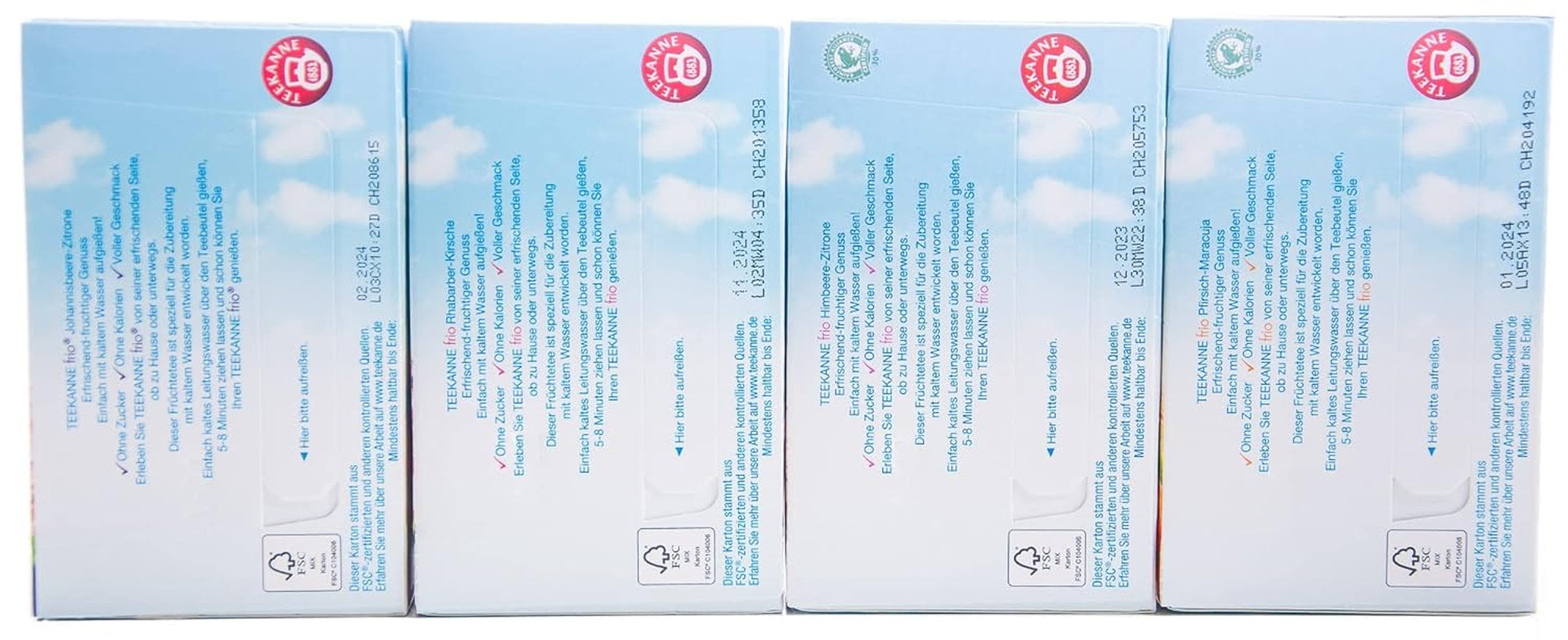 Teekanne Frio pachet de 4, rubarbă-cireșe, coacăze-lămâie, zmeură-lămâie, piersică-maracuja (4 x 45 g)