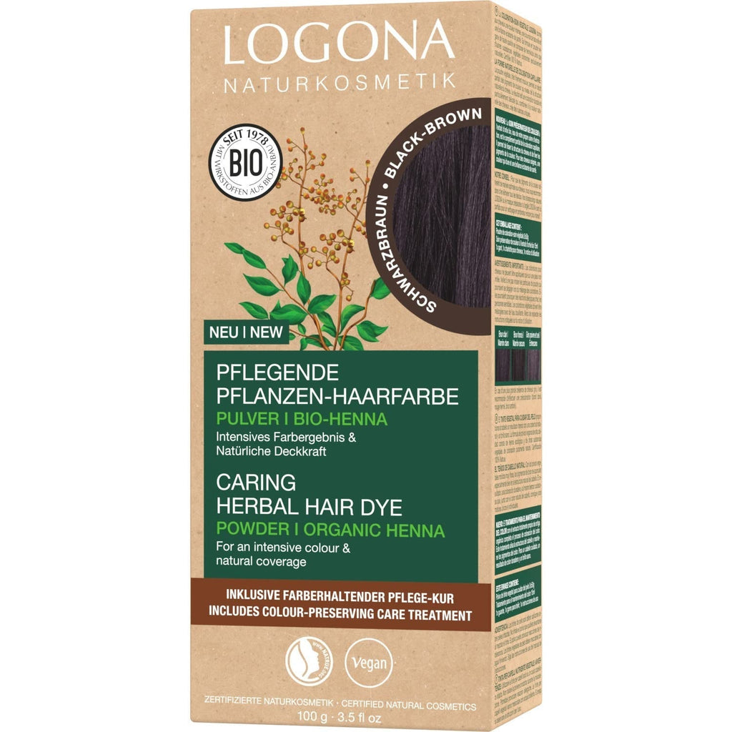 LOGONA Natural Cosmetics Vopsea de păr hrănitoare pe bază de plante, vopsea de păr vegană pudră cu henna organică pentru culoare intensă și strălucire, vopsea de păr pe bază de plante în blond cupru (blond), 1 x 100g Vopsea pentru par Naty Shop Negru-maro 100 G (1 pachet)