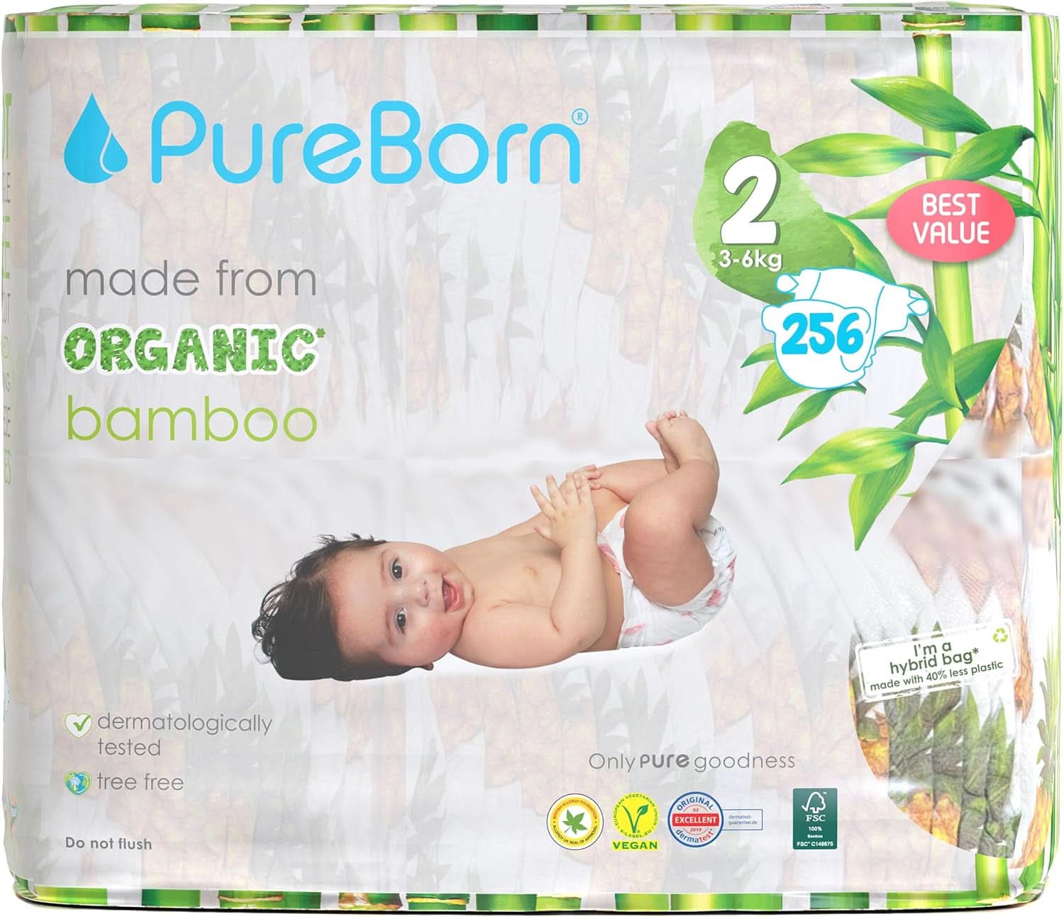 Pureborn Eco organic bamboo diapers, size 2 (3-6 kg) Mother and Child Naty Shop Size 2 (256 diapers)