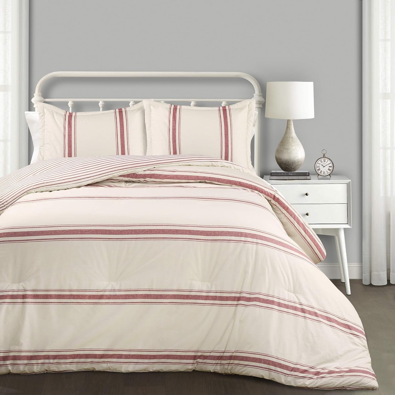 Lush Decor Striped Farmhouse Comforter, Full/Queen, Gray Quilts and Quilts Naty Shop Red King