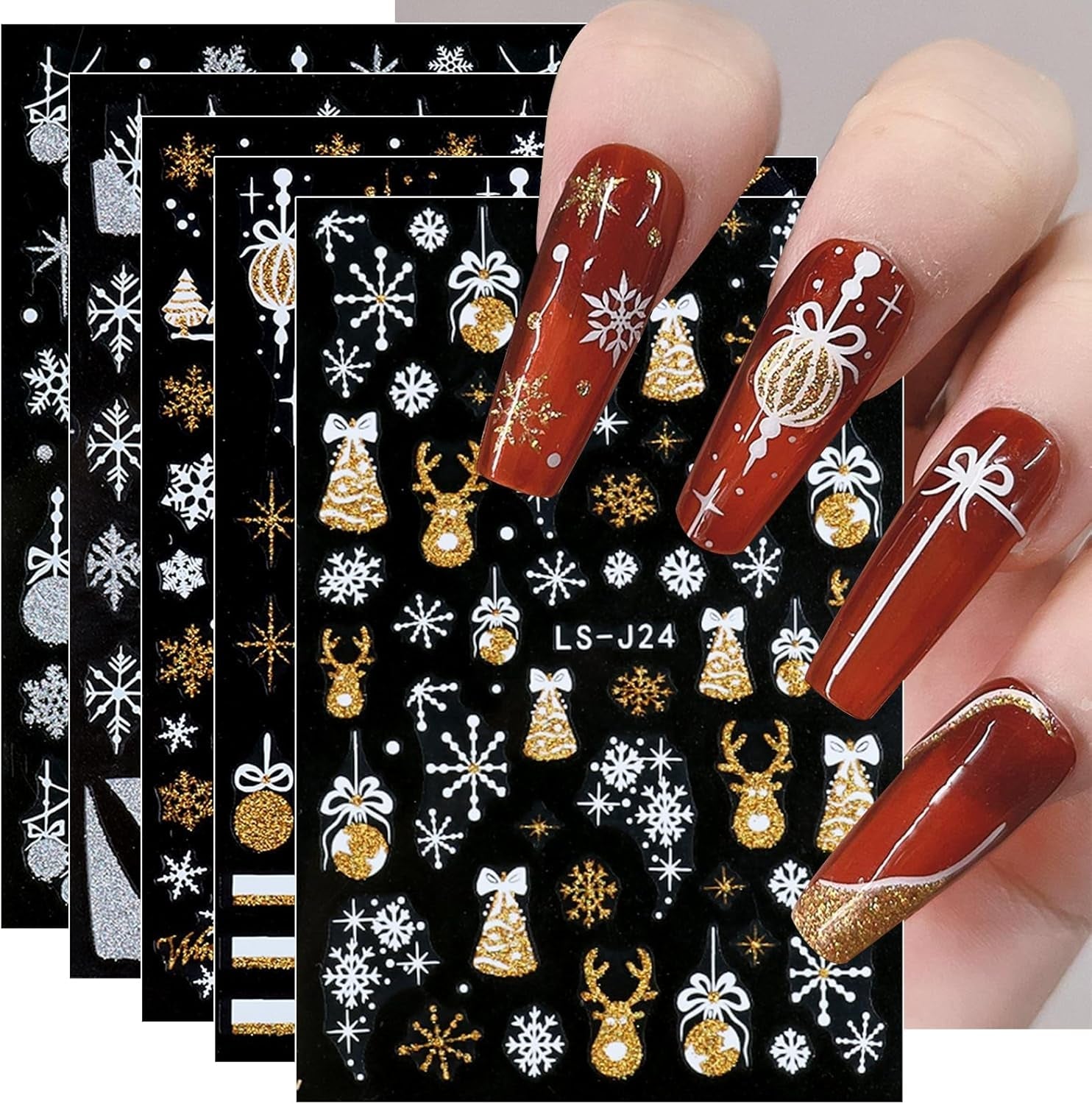 JMEOWIO Nagelsticker Weihnachten Gold Glitter Silber 8 Blatt Nail Art Sticker Selbstklebend Nagelaufkleber Schneeflocke Winterurlaub Dekoration Nageldesign Zubehör
