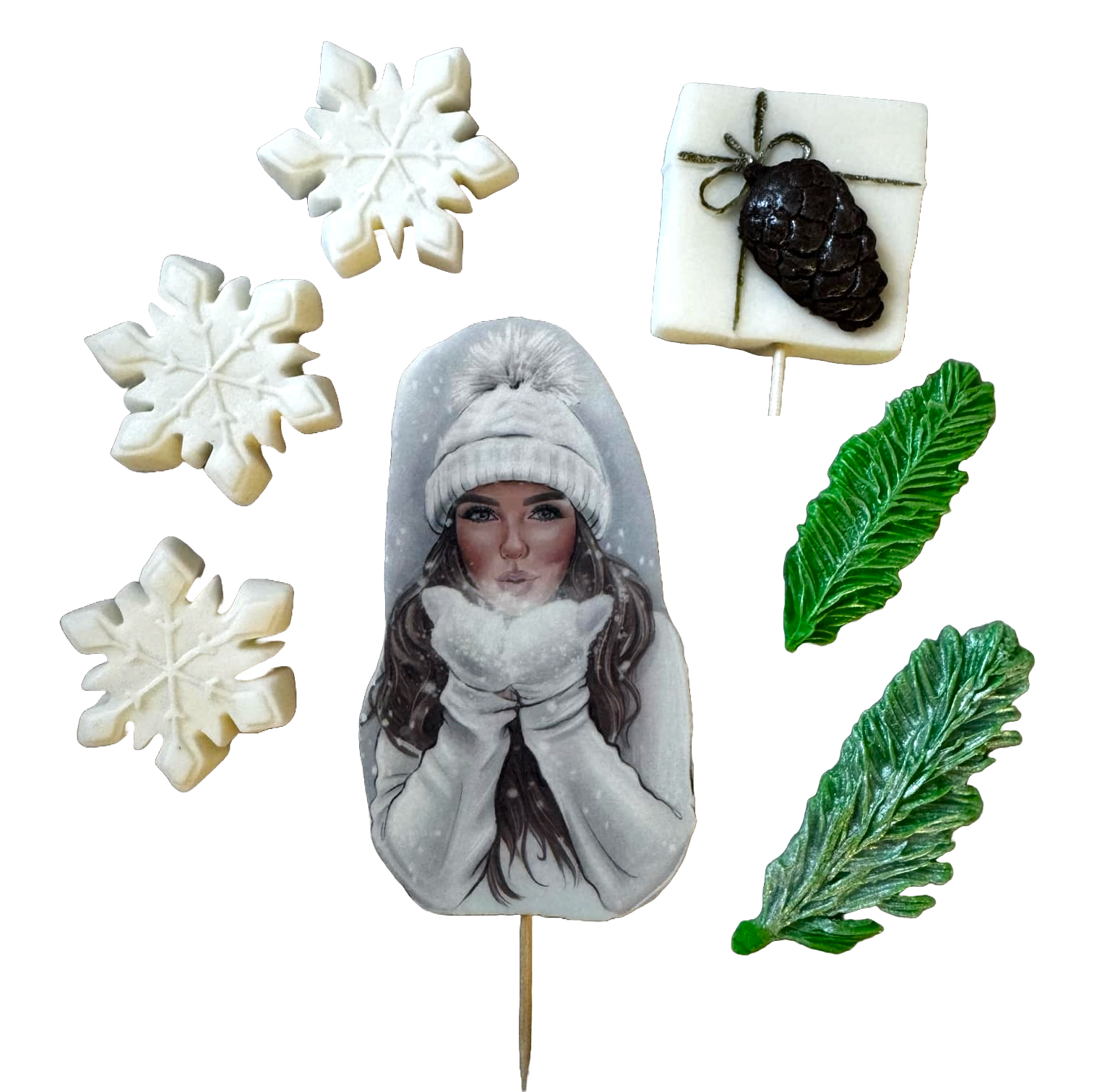 Set of 7 edible sugar paste decorations, Beautiful Lady, white hat Sugar Paste Decorations Naty Shop