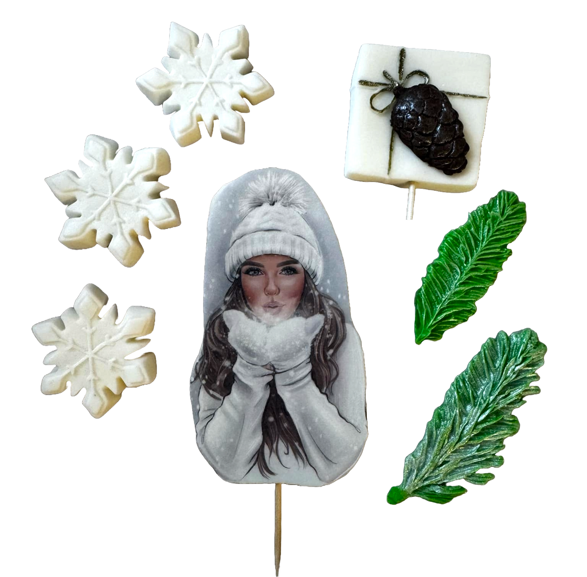 Set of 7 edible sugar paste decorations, Beautiful Lady, white hat Sugar Paste Decorations Naty Shop