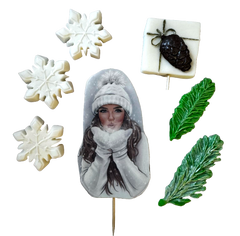 Set of 7 edible sugar paste decorations, Beautiful Lady, white hat Sugar Paste Decorations Naty Shop