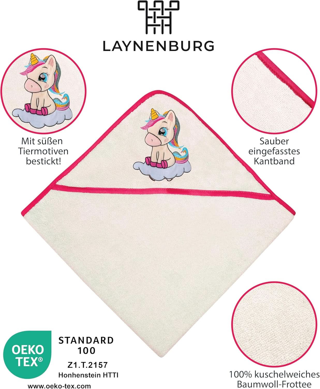 LAYNENBURG Hooded bath towel Premium Baby, 100% cotton - Oeko TEX, 80 x 80 cm Mother and Child Naty Shop