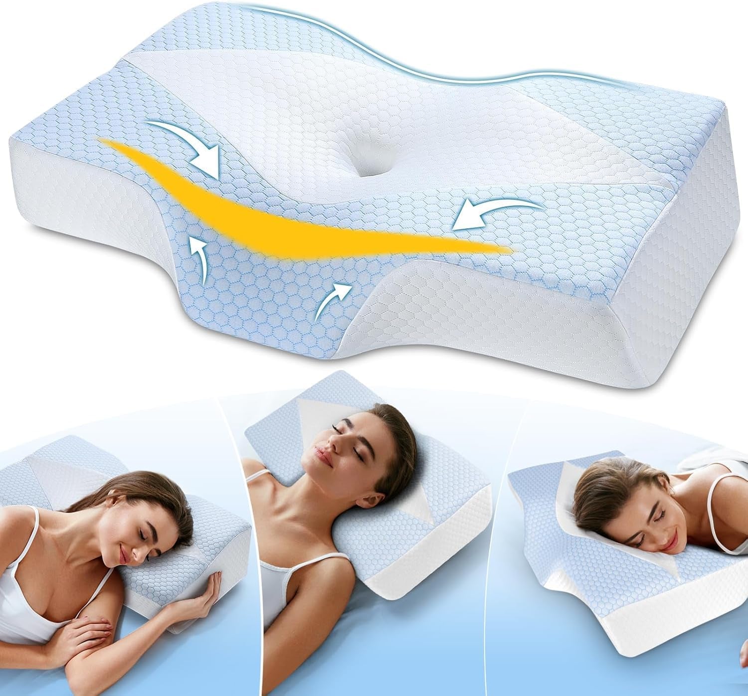 Pernă pentru gât din spumă de memorie Pernă ortopedică ergonomică Pentru dureri de gât și umeri - Pernă de dormit răcoritoare Pentru cei care dorm lateral, pe spate și pe stomac Cu suport pentru gât Perne ortopedice cervicale Naty Shop Blue White(63.5Cm*40.6Cm*10.7/13.2Cm) Blau Weiss(63.5Cm*40.6Cm*10.7/13.2Cm)