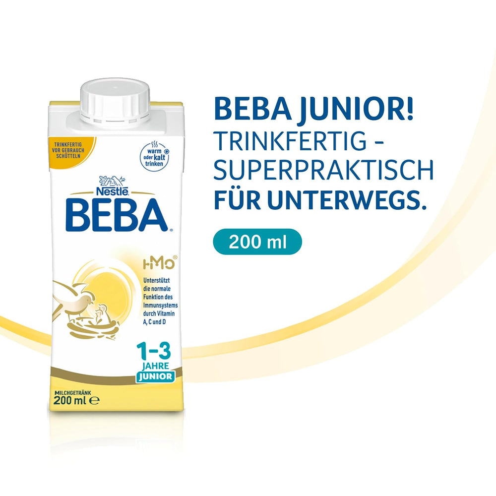 BEBA Junior Ready-to-Drink Milk Drink 1-3 Years, With HMO, Age Appropriate Protein Content, Palm Oil Free, Fish Oil Free, Toddler Food, Pack of 6 (6 x 200ml)