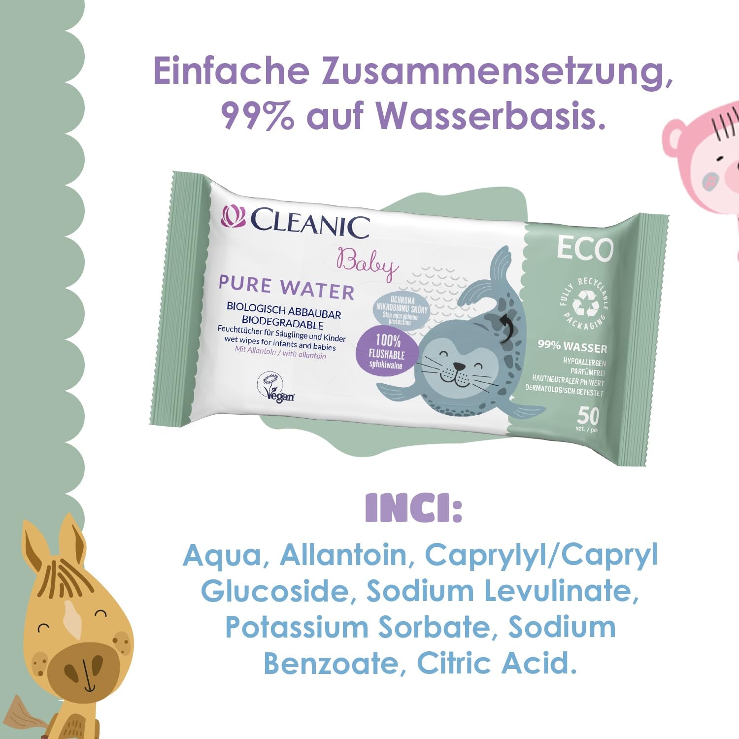 Cleanic Baby Eco Pure Water Wet Wipes – (1 x 50 pcs.) Wet wipes for children and infants – fragrance free, flushable, sensitive skin – 50 pcs.