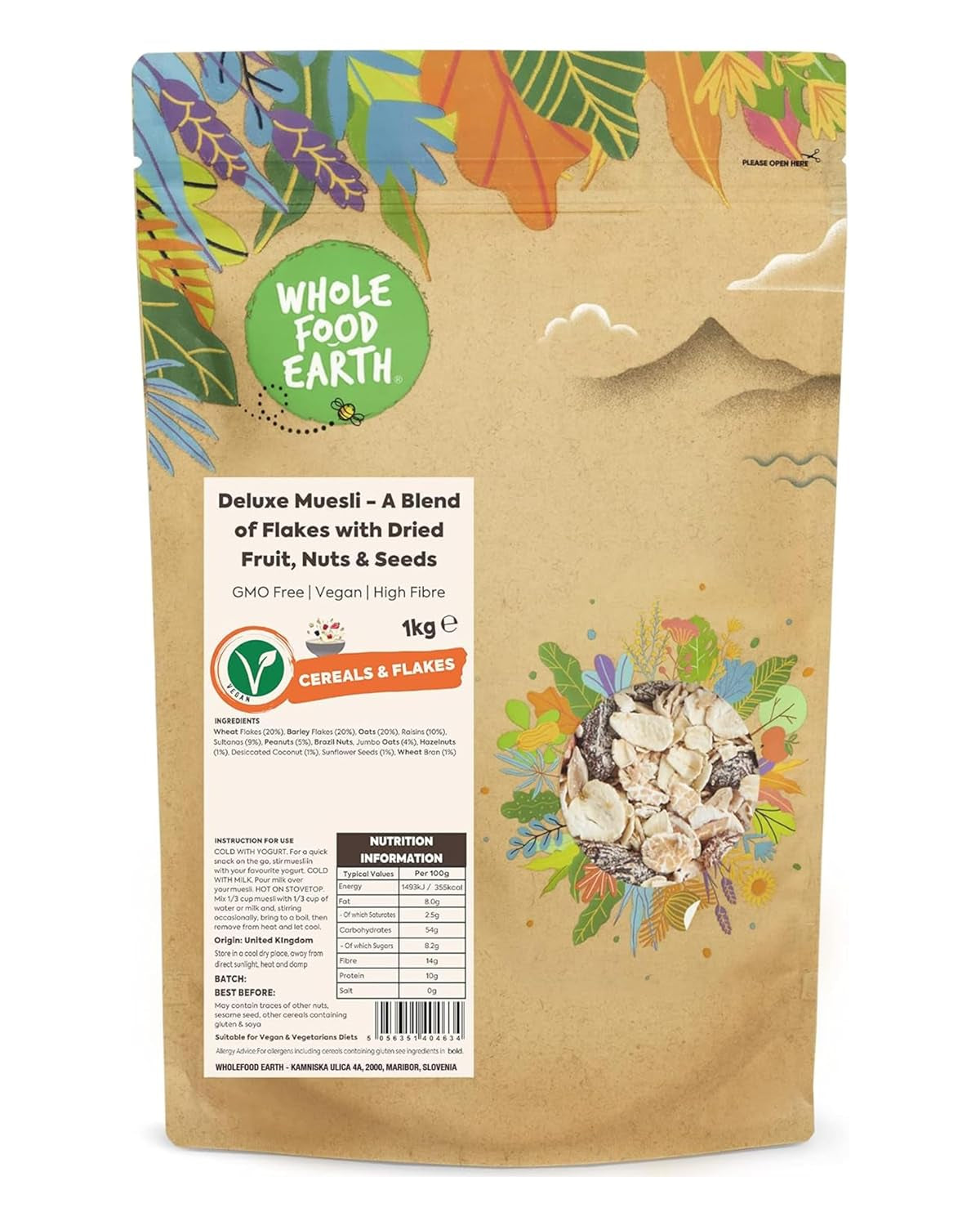 Muesli Deluxe Wholefood Earth - A mixture of flakes with dried fruits, nuts and seeds 1 kg | Non-GMO | Rich in fiber
