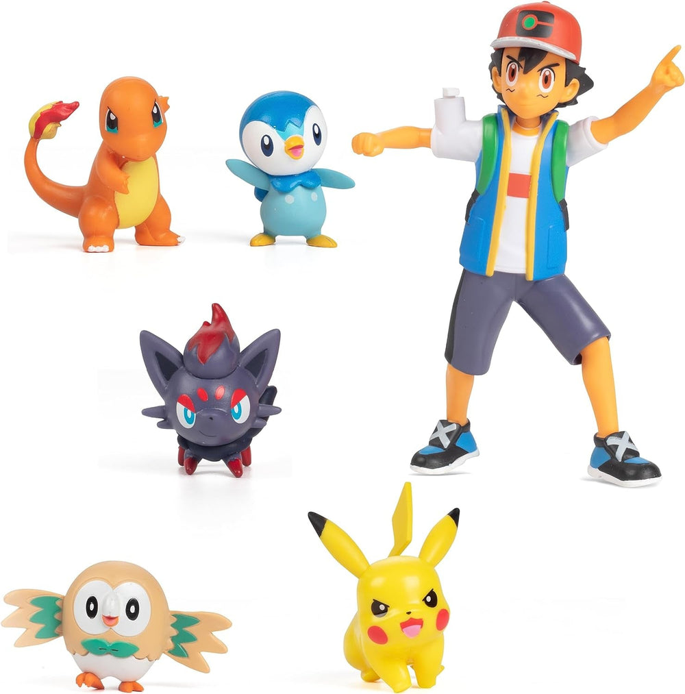 Pokémon Battle Ready! 6 Piece Figure Set - 11.4 Cm Ash & Launching Pikachu, 5.1 Cm Charmander, Rowlet, Piplup, Zorua - Officially Licensed - Easter Gift for Kids, Boys, Girls Action Figures Naty Shop