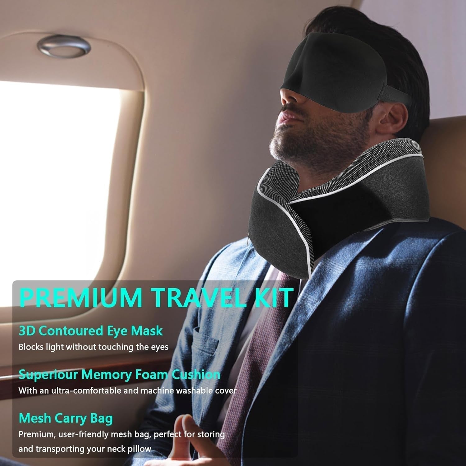 KILDOWS Pernă de gât pentru avion, pernă de călătorie din spumă cu memorie, pernă de călătorie pentru avion cu mască pentru ochi și dopuri pentru urechi, pernă ortopedică pentru gât, ideală pentru călătorii cu avionul, mașina, trenul Perne ortopedice cervicale Naty Shop