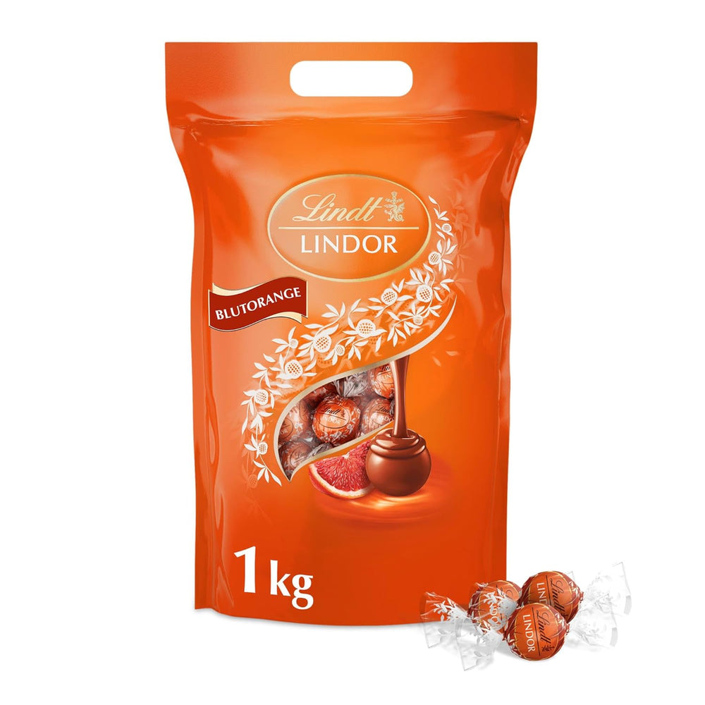 Lindt LINDOR Red Orange Chocolate Balls | 1 kg resealable bag | approx. 80 chocolate candies with melt-in-your-mouth filling | Bulk package, chocolate gift