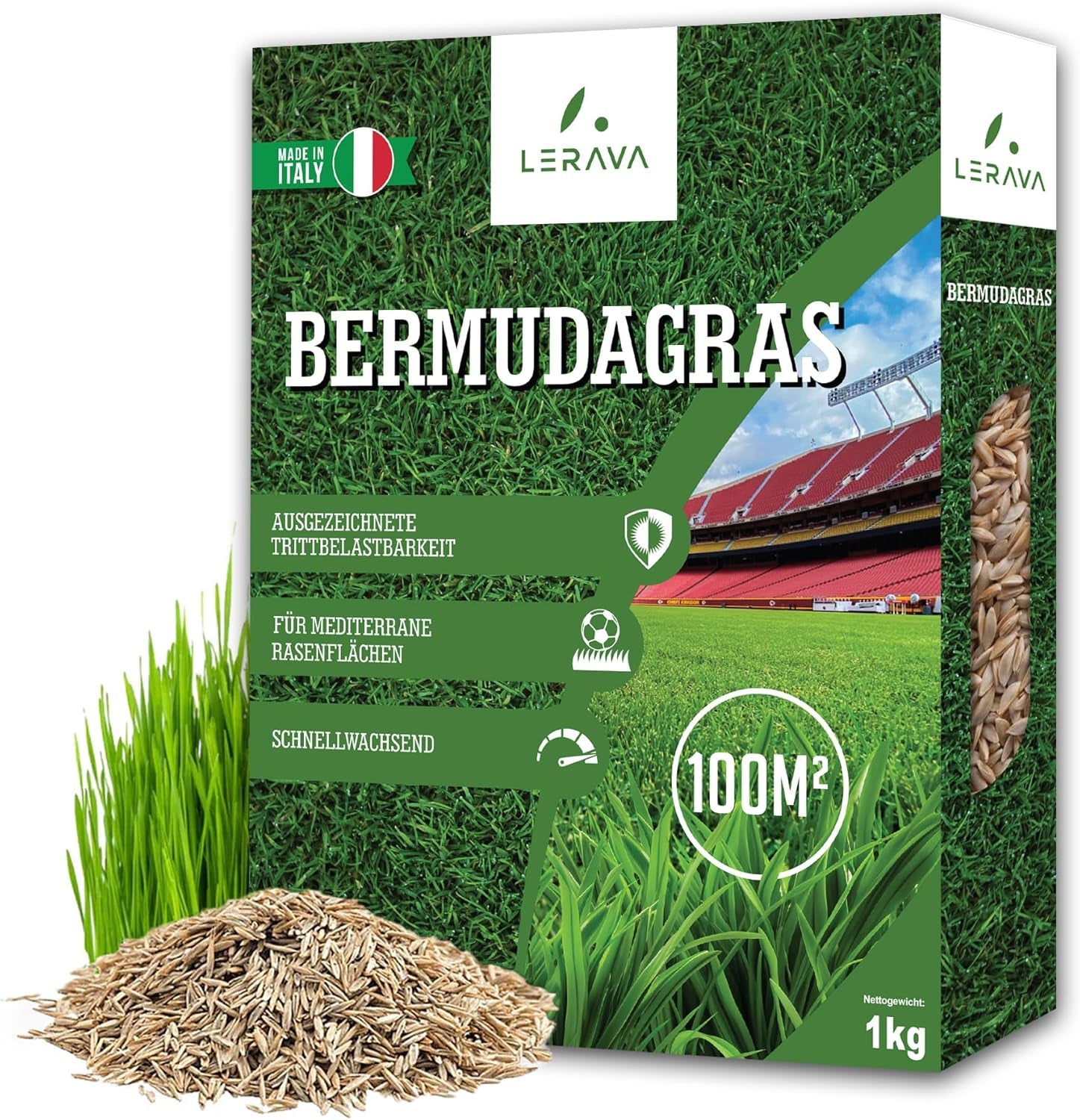 LERAVA Rasensamen Bermudagras (200 G) - Für 20 M² - Extrem Trittfest Und Trockenheitsresistent - Schnellwachsender Rasen Für Mediterrane Und Küstennahe Flächen - Spart Bis Zu 20% Wassera