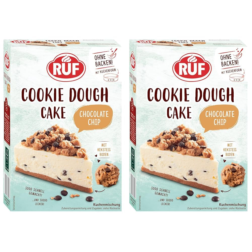 RUF Cookie Dough Cake Ohne Backen, Tortenboden Aus Keksteig Mit Frischkäse-Creme Und Schokoladenstückchen, Inkl. Kuchenform, 1X325G Mixture for baking and cooking Naty Shop 325 G (2Er Pack) Cookie Dough Cake