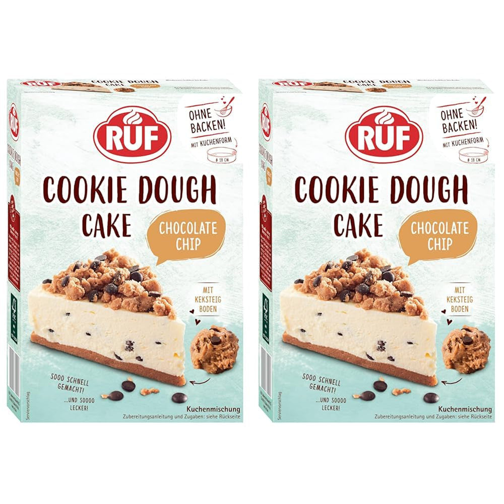 RUF Cookie Dough Cake Ohne Backen, Tortenboden Aus Keksteig Mit Frischkäse-Creme Und Schokoladenstückchen, Inkl. Kuchenform, 1X325G Mixture for baking and cooking Naty Shop 325 G (2Er Pack) Cookie Dough Cake