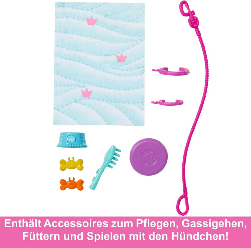 Păpușă Barbie Dog Duo și accesorii, inclusiv câine mic și câine mare cu scaun cu rotile, lesă, bol de mâncare, pat pentru animale de companie și tratează oasele, pentru copii de la 3 ani, HTK37 Papusi Naty Shop